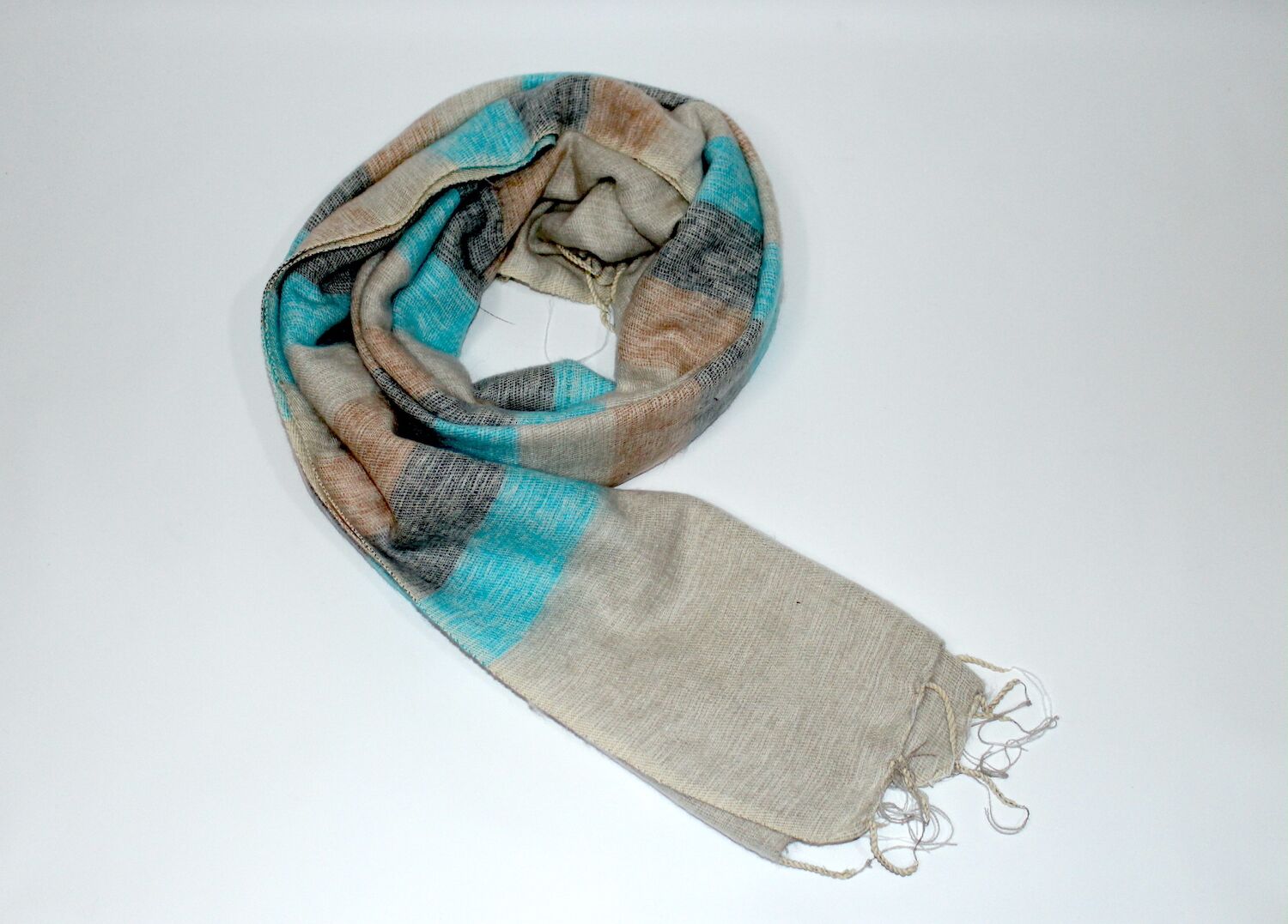 Yak Wool Shawl Stripe Beige Blue Color 1 Yak Wool Shawl Stripe Beige Blue Color